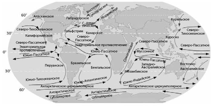 Карта течений мирового океана: основные морские и океанические потоки, стоковые и ветровые виды